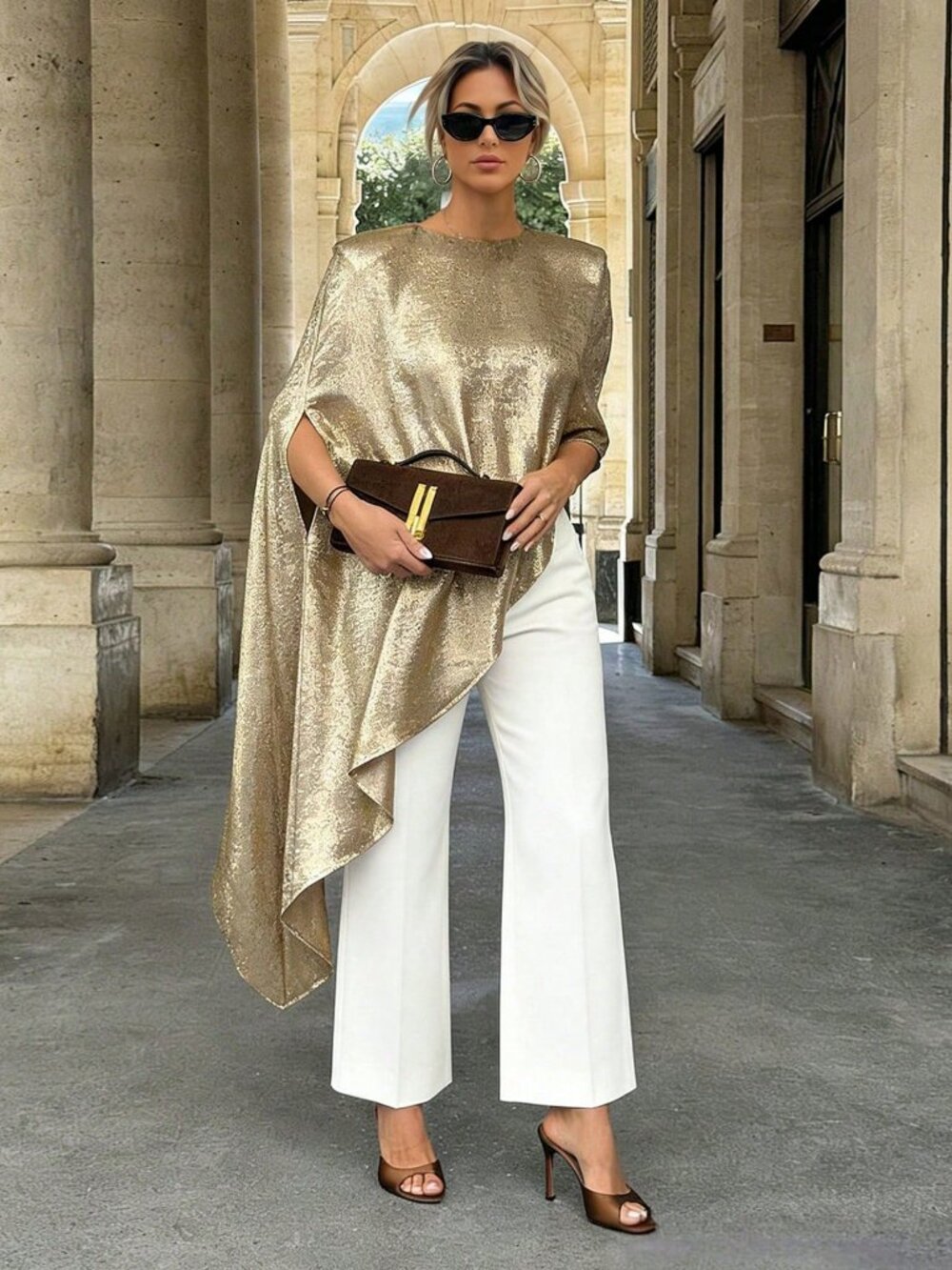 Gold Women's Elegant flowy asymmetrical blouse Top